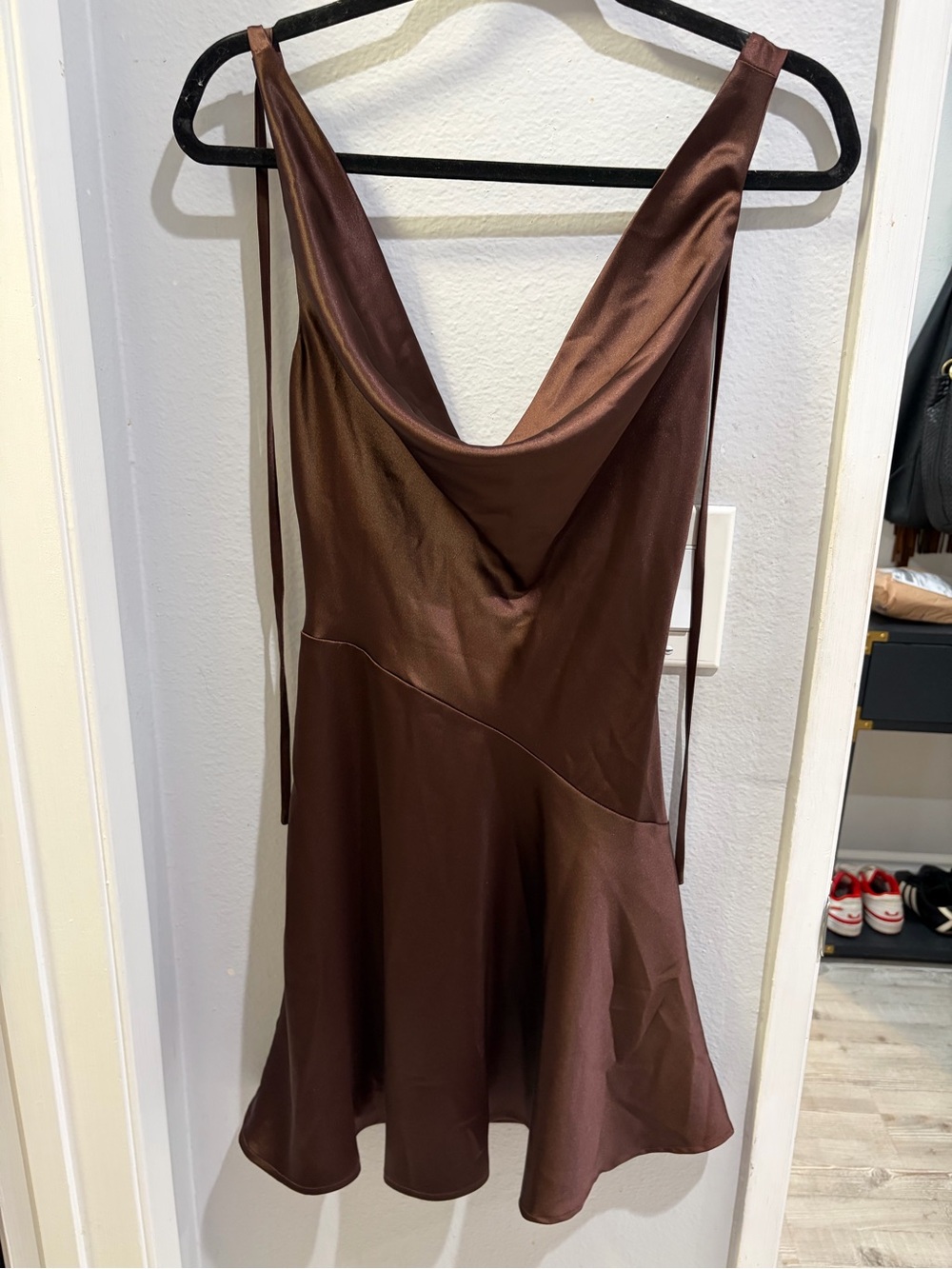 Brown Satin Cowl-Neck Mini Dress